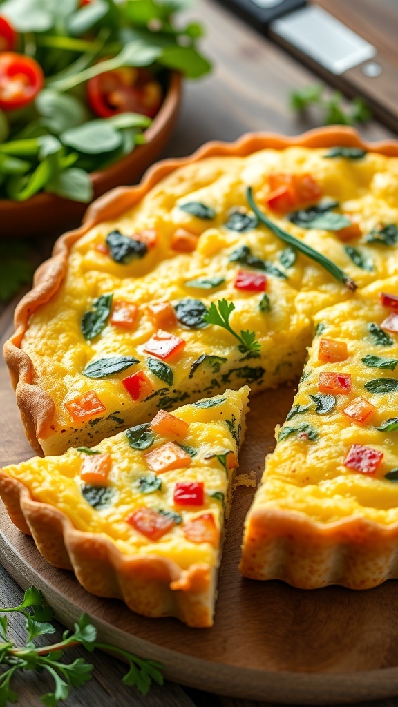 A slice of cottage cheese quiche with vegetables on a wooden table, garnished with herbs.